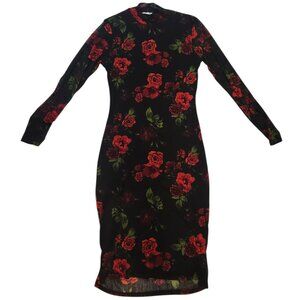 Siren Lily Floral Print Mesh Pencil Dress Red Black Size M Long Sleeve Fitted